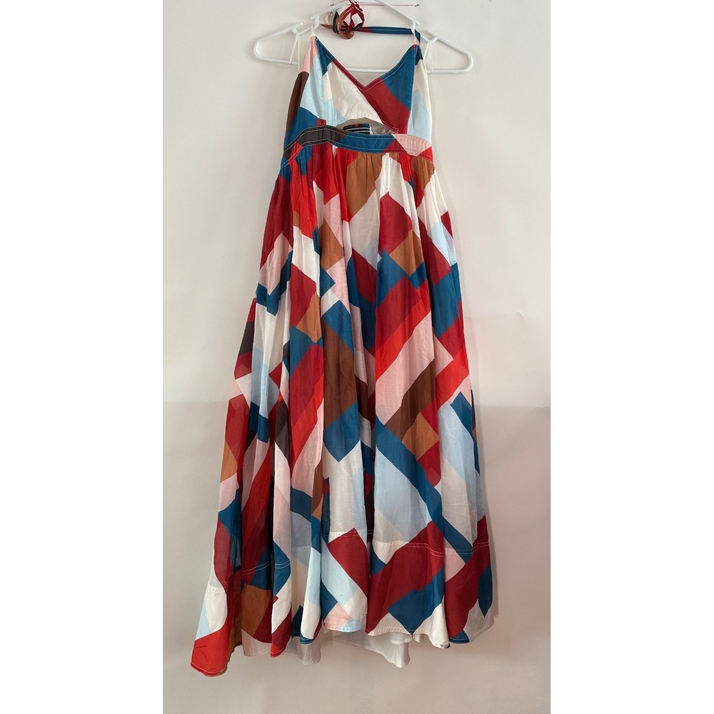 Banana Republic Cotton Silk Geometric Halter Maxi Dress Red Blue Cutout Size 6